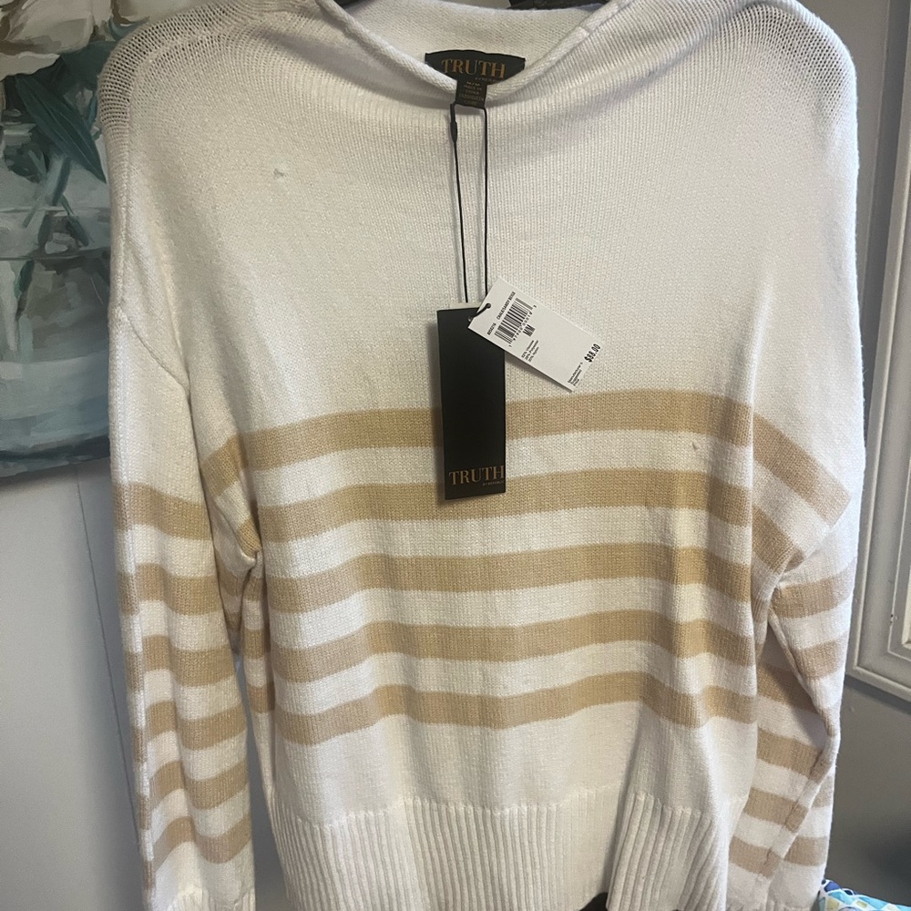 White and Tan Striped Sweater